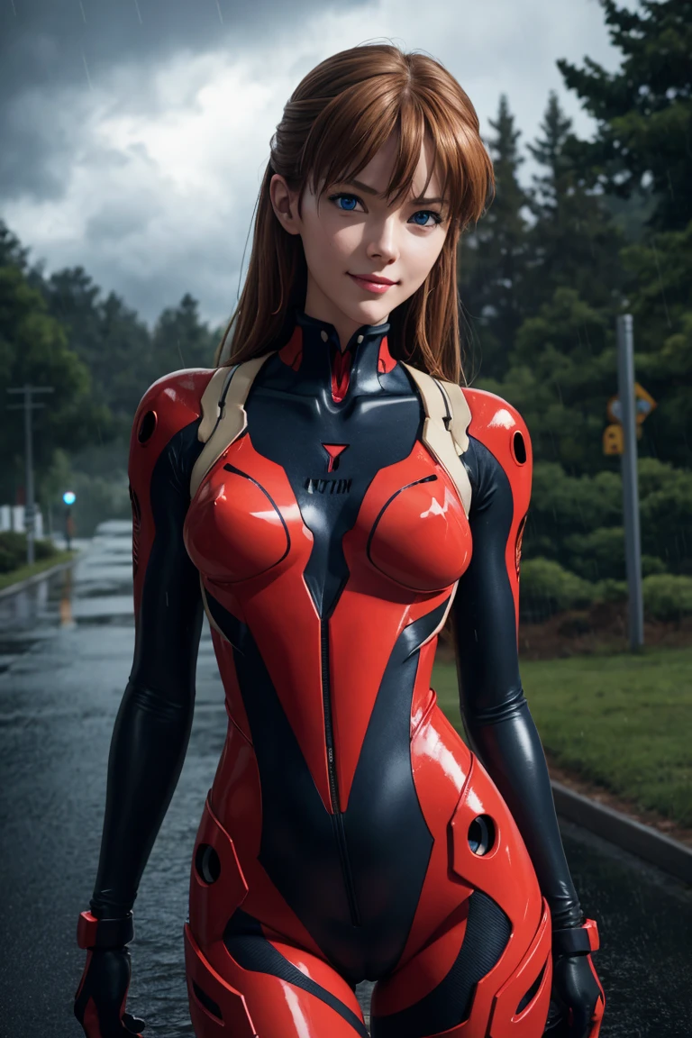 Evangelion,Asuka Langley,blue eyes,Plug Suit,Bodysuits,Interface Headset,赤いBodysuits,Ultra HD,super high quality,masterpiece,Digital SLR,Photorealistic,Detailed details,Vivid details,Depicted in detail,A detailed face,Detailed details,Super Detail,Realistic skin texture,Anatomical basis,Perfect Anatomy,Anatomically correct hand,Anatomically correct fingers,Complex 3D rendering,Sexy pose,Rainy Sky,Beautiful scenery,Fantastic rainy sky,Picturesque,Pink Lips,smile,