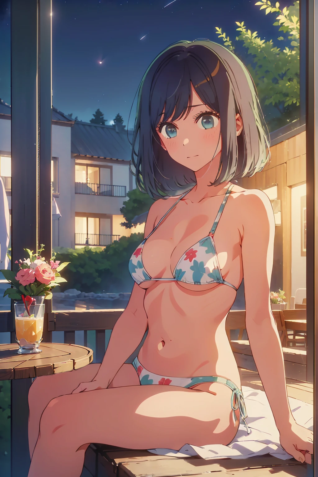 (Highest quality:1.4、masterpiece:1.4、Super detailed:1.4、8K:1.4)、((((1 person、Surprised expression、sit、Outdoor café terrace、coastal、juice、table、Sandy Beach、juiceのグラスを持つ、Plain Bikini、Very soft boobs、Big eyes、Very cute face))))、(moonlight:1.4、at night:1.4)、F cup bust、Medium breast、Underboob
