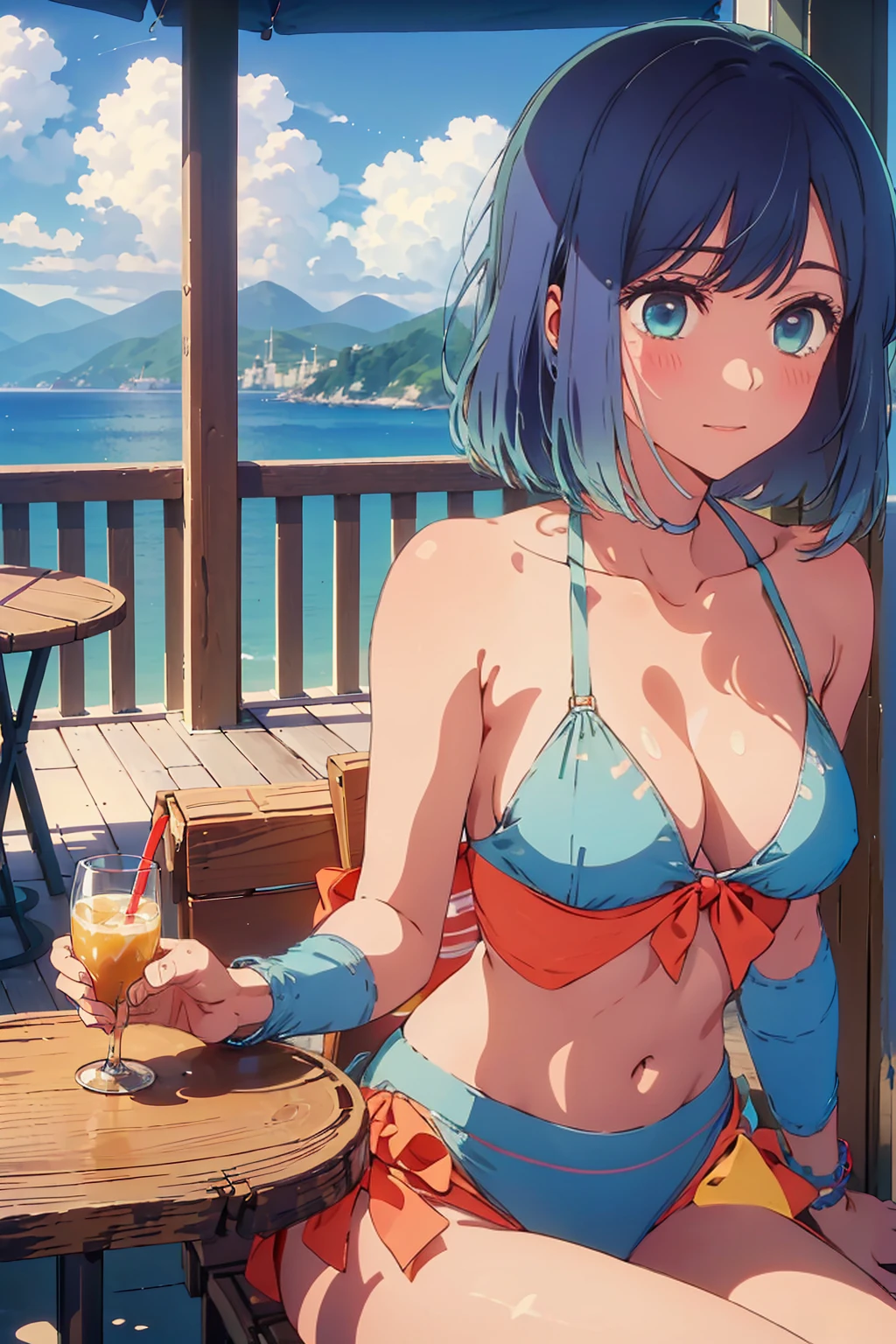 (Highest quality:1.4、masterpiece:1.4、Super detailed:1.4、8K:1.4)、((((1 person、Surprised expression、sit、Outdoor café terrace、coastal、juice、table、Sandy Beach、juiceのグラスを持つ、Plain Bikini、Very soft boobs、Big eyes、Very cute face))))、(moonlight:1.4、at midnight:1.4)、F cup bust、Medium breast、Underboob