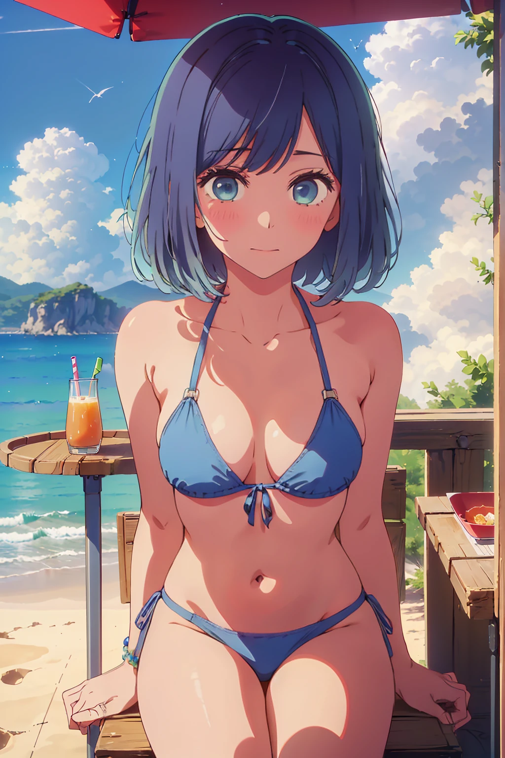 (Highest quality:1.4、masterpiece:1.4、Super detailed:1.4、8K:1.4)、((((1 person、Surprised expression、sit、Outdoor café terrace、coastal、juice、table、Sandy Beach、juiceのグラスを持つ、Plain Bikini、Very soft boobs、Big eyes、Very cute face))))、(moonlight:1.4、at midnight:1.4)、F cup bust、Medium breast、Underboob