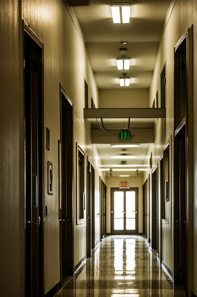 Creepy school hallway with a in it with pigtails