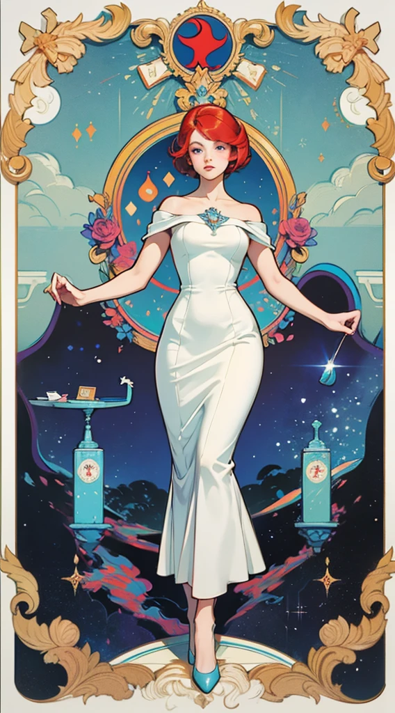 (mod curvy shorthair redhead pastelgoth woman in summer dress) tarot poster  1960’s jugendstil psychedelic marblng pattern fantasy artwork by Gray Morrow and darren grealish