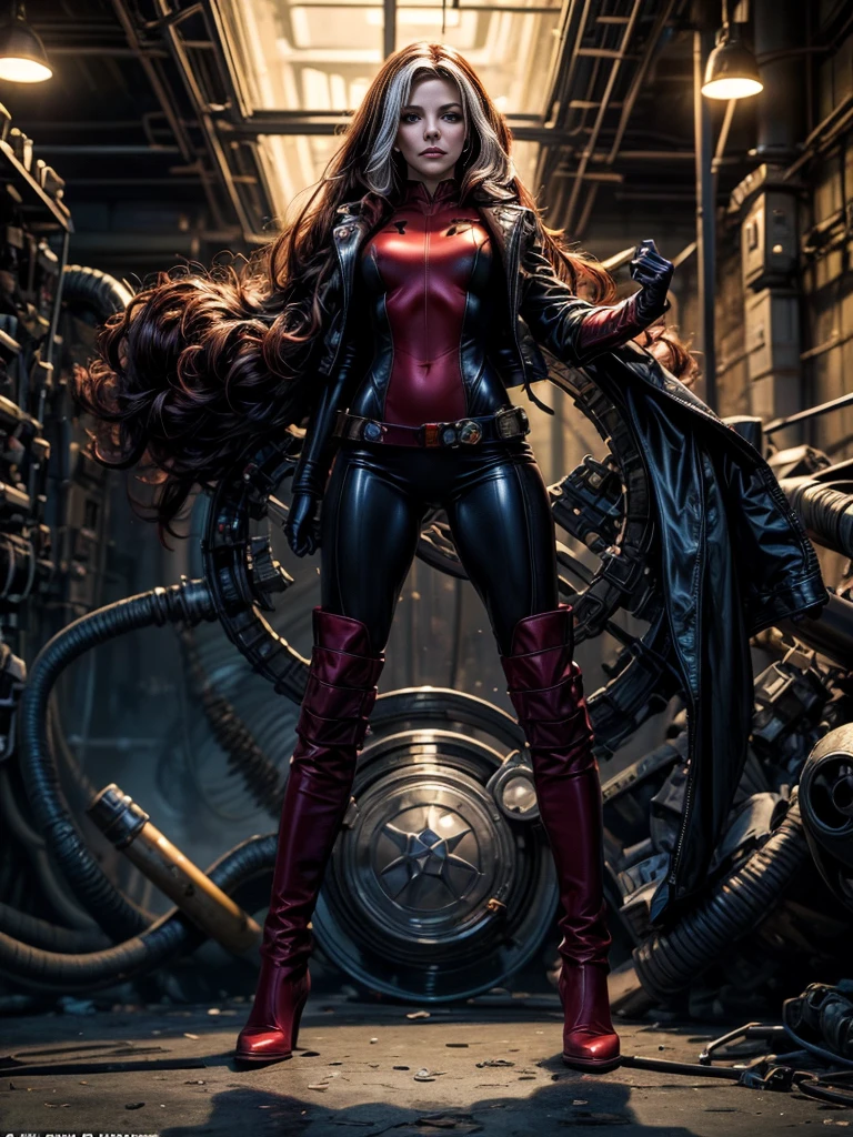 Elisha Cuthbert、masterpiece、High quality 4K、villain (X-Men)、Gothic Girl、Sculpted Body Gothic Makeup、Black jacket、Red and blue bodysuit、masterpiece、Highest quality、Cowboy Shots、One personの女の子、One person、Technology Military Bodysuit、fringe