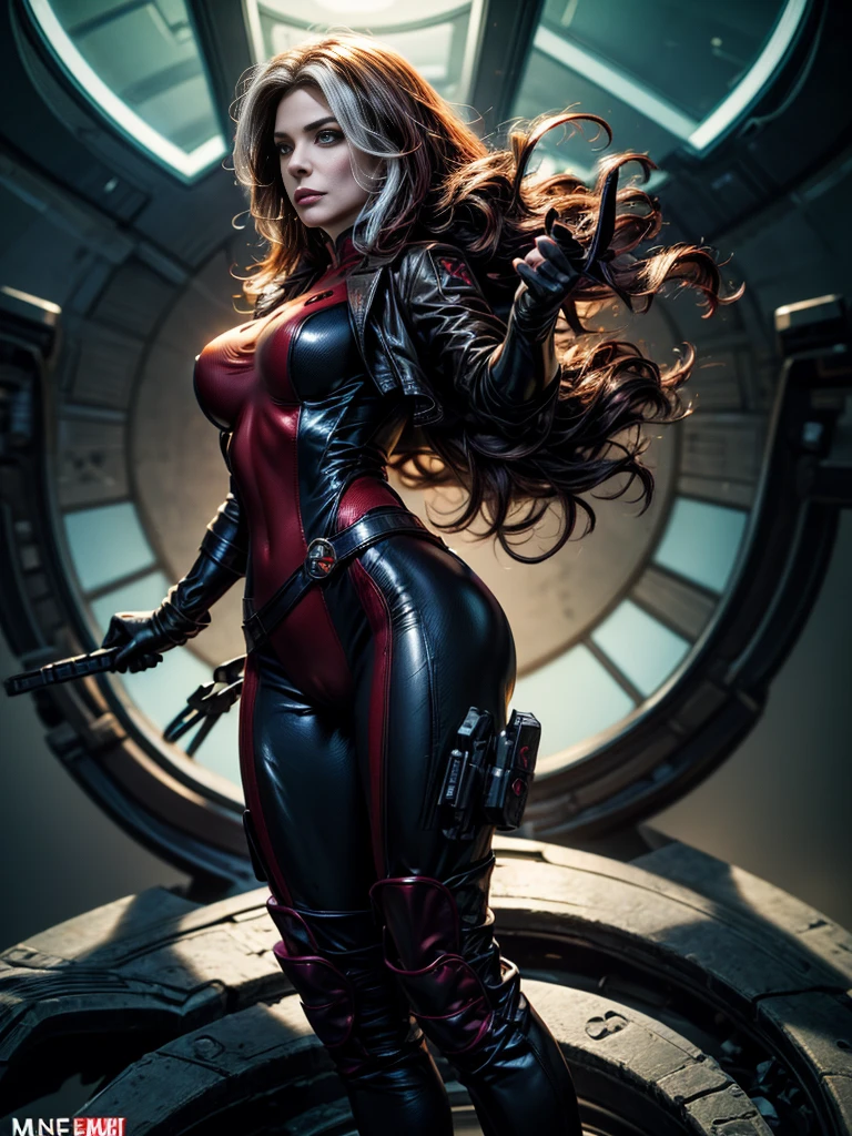 Sandra Bullock、masterpiece、High quality 4K、villain (X-Men)、Gothic Girl、Sculpted Body Gothic Makeup、Black jacket、Red and blue bodysuit、masterpiece、Highest quality、Cowboy Shots、One personの女の子、One person、Technology Military Bodysuit、fringe