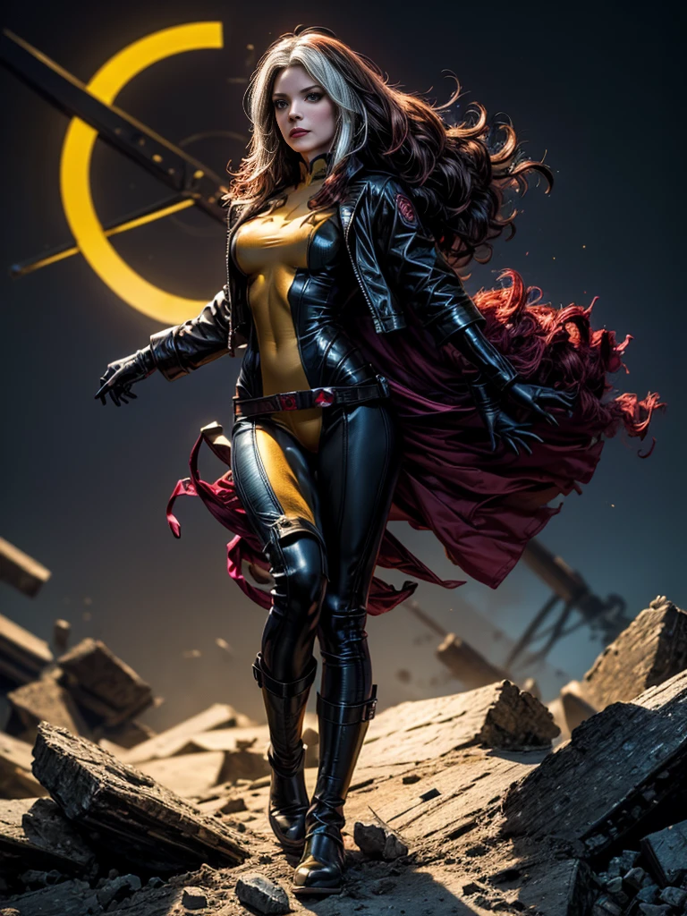 Amanda Seyfried、masterpiece、High quality 4K、villain (X-Men)、Gothic Girl、Sculpted Body Gothic Makeup、Black jacket、Red and blue bodysuit、masterpiece、Highest quality、Cowboy Shots、One personの女の子、One person、Technology Military Bodysuit、fringe