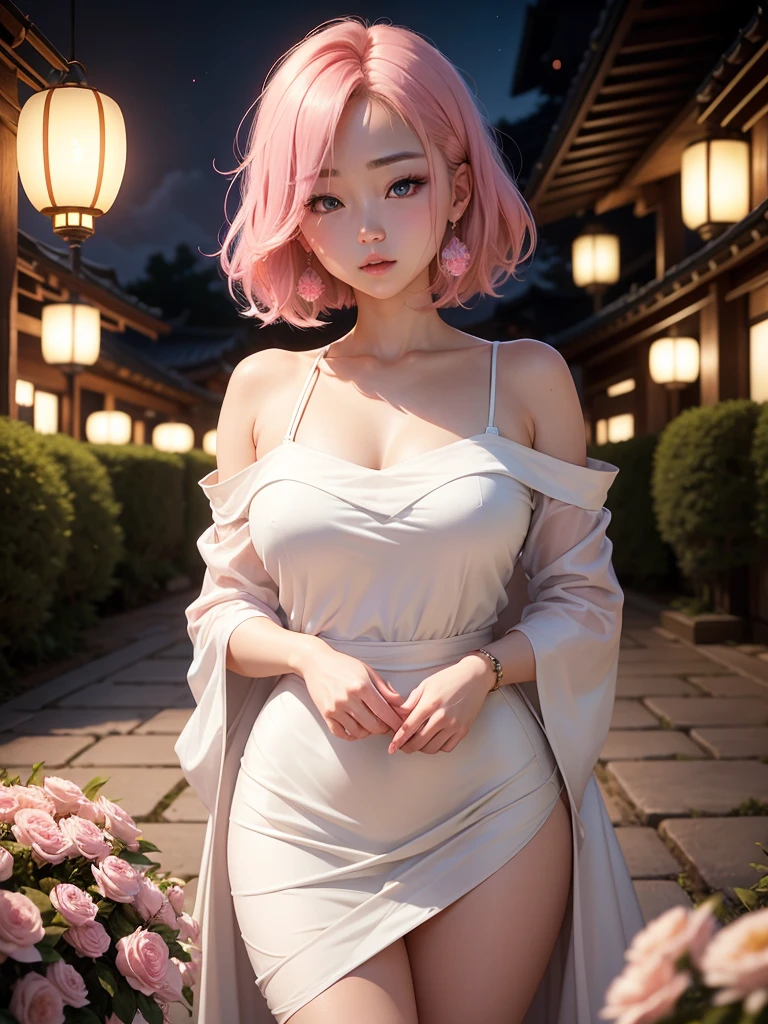 In manhwa art style, a young Korean woman 28s. Her hair is short at shoulder in a blonde pink colors. Her face is slightly shorter than it is long, which carry a warm , expressive face. Her skin is radiant and clear, and her curved lips. Large blue eyes are expressive and captivating. Her natural body and defined made up of proportional curves. She is wearing a white dress while the light of the lanterns in the botan garden at night illuminates the flowers