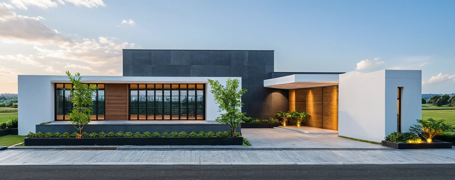 The modern gate features a sleek and minimalist design, sky, cloud, (daylight:1.1)