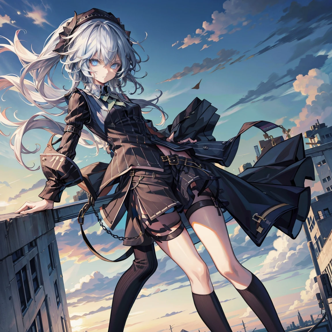 Punk girl，Rooftop，sideways，The wind blows long hair，Metal accessories，One hand on，Double tail，hat，Suspender clothes，Musical Instruments，