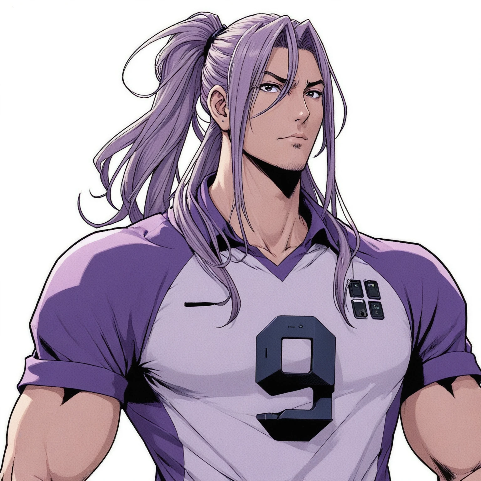 anime character with ponytail and purple shirt holding a cell phone, kentaro miura manga art style, kentaro miura manga style, Hajime Yatate, norihiro yagi, joseph joestar, kazuma kaneko, kentaro miura art style, takumi fujiwara, What are you doing?, Manga style by Kentaro Miura