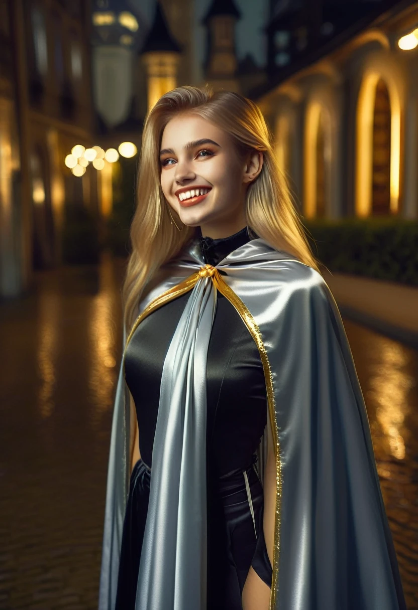 Vampyfangs1,(RAW photo) , 1girl, cute, 20 years old, long blonde hair in ponytail, smiling, look at viewer, ((((silver and gold lined satin cape tied at the neck)))+++, side spilt skirt , photo, realistic, best quality, hires, detailed face, detailed background, diffused lighting, depth of field, bokeh