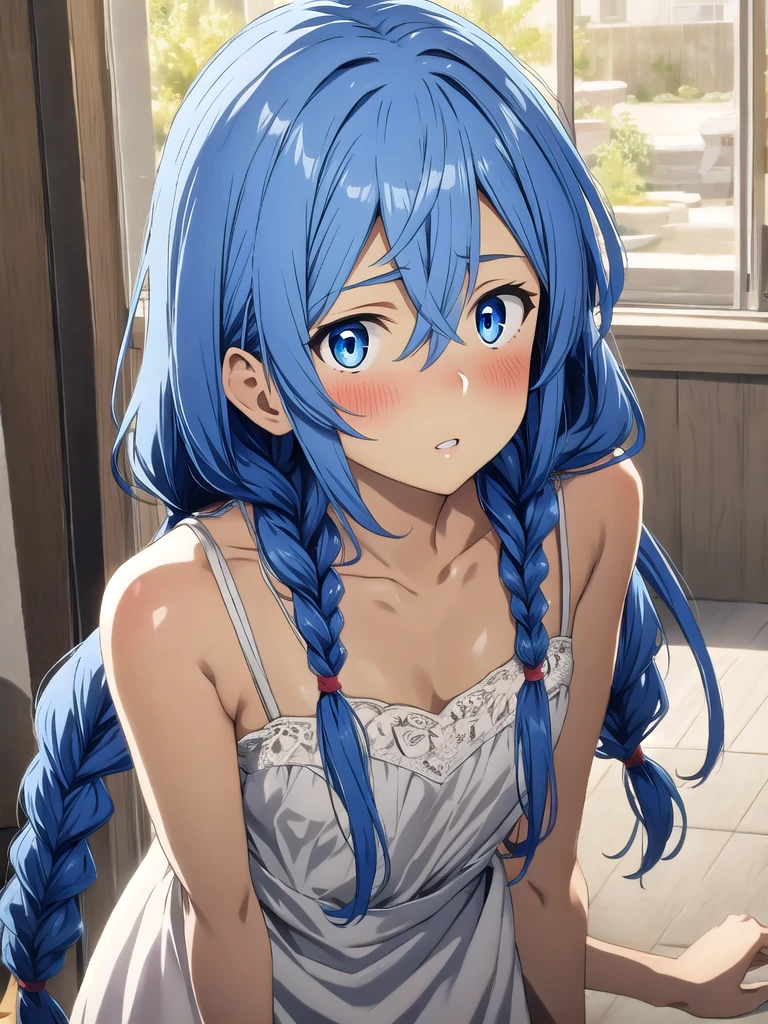 EIRoxy, 1girl, solo, long hair, looking at viewer, blush, bangs, blue eyes, dress, hair between eyes, bare shoulders, blue hair, collarbone, braid,small breasts, parted lips, sleeveless, indoors, white dress, twin braids