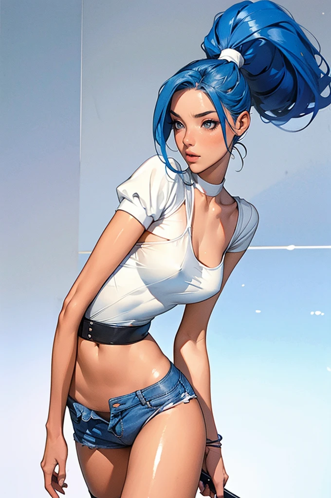 (best quality: 1.2), clean face, (masterpiece: 1.2, 8k) perfect anatomy, 1girl,a beautiful fashion model ,(masterpiece, official art, best quality ,long and shiny hair, blue hair with streaks in hair, long hair, full lips, slender body, slim body big breasts, looking at viewer, revealing outfit, absurdity, intricate details, dynamic pose, club, , wearing short shorts and a tight white top, cleavage, thong straps, ponytail