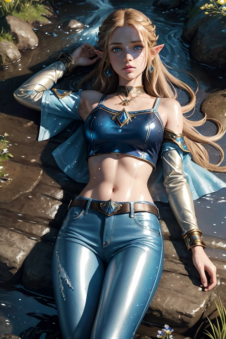 masterpiece. 4k. highly detailed epic fantasy oil painting of beautiful Princess Zelda. sparkly blue eyes, freckles. detailed stylish suit,
shiny reflective leather jeans for the summer. crop top shirt. athletic. Hyrule motif. lying on creek. sweating. rain. river. wet.
from above, eagle eye shot, far shot. wildflowers.