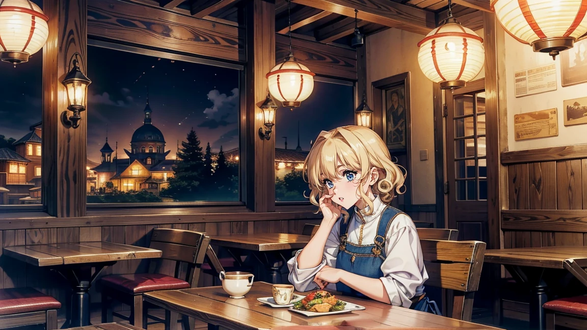 A bustling eatery in a medieval fantasy city, known as 'Luna's Diner', filled with the aroma of fresh food. The restaurant has wooden tables, benches, and a warm, inviting atmosphere. The walls are adorned with colorful tapestries and lanterns casting a soft glow. A female traveler sits at a table, enjoying a hearty meal. She has short, curly hair, fair skin, and wears simple traveler's clothes.