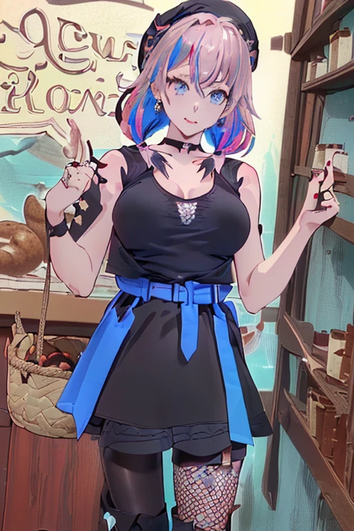 (perky chest:1.2), (pointed chest:1.2),(((Black Tunic:1.3))),(((cakes and bread in the basket),Cute and beautiful girl,masterpiece、highest quality、Very detailed、Beautiful fine details、One Girl、Detailed landscape、Training gym Room Background:1.4、Braided Ponytail、Red camisole、((B cup breasts, Tank top showing underboob:1.3)), black jacket, thigh strap, bangs, necktie, earrings, nail polish, fishnet pantyhose, multicolored hair, looking at viewer, full body, bottle, own hands together, belt, food, animal on head, black necktie, ring, choker, english text paper:1.2, collared shirt, blue eyes, platform boots, hat,lace-up boots ,