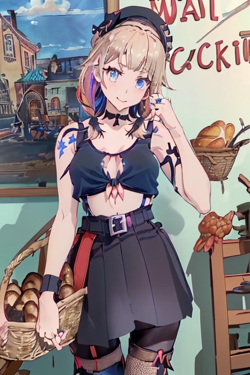 (perky chest:1.2), (pointed chest:1.2),(((Black Tunic:1.3))),(((cakes and bread in the basket),Cute and beautiful girl,masterpiece、highest quality、Very detailed、Beautiful fine details、One Girl、Detailed landscape、Training gym Room Background:1.4、Braided Ponytail、Red camisole、((B cup breasts, Tank top showing underboob:1.3)), black jacket, thigh strap, bangs, necktie, earrings, nail polish, fishnet pantyhose, multicolored hair, looking at viewer, full body, bottle, own hands together, belt, food, animal on head, black necktie, ring, choker, english text paper:1.2, collared shirt, blue eyes, platform boots, hat,lace-up boots ,
