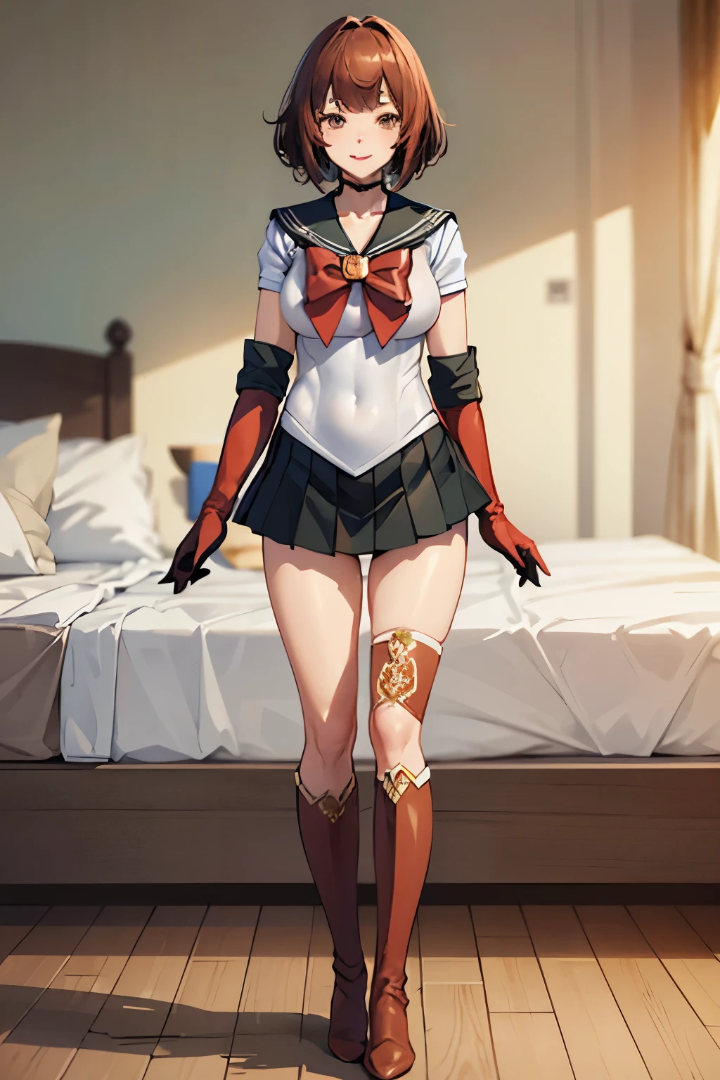 Highest quality, (masterpiece:1.2), Very detailed, 
One girl, alone,
View your viewers, smile, Medium chest, 
Brown eyes, Brown Hair, short hair, naked、((Thigh-high socks))、On the bed、((Sailor Warriors))、((Long gloves))、leotard、mini skirt、boots