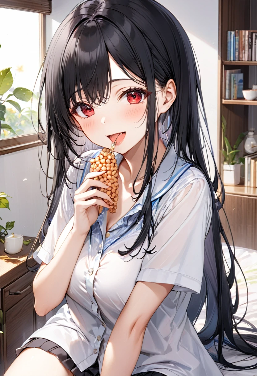 (eating style) (solo:2, 18 yo straight black hair long hair cool dominance girl, sexy red eyes, cute open mouth, Eating natto in mouth, happy smile, big tits), (in a summer school blouse), break, in the livingroom, BREAK, perfect anatomy, masterpiece, best quality, 16k, beautiful detailed grow, daydreaming expression.