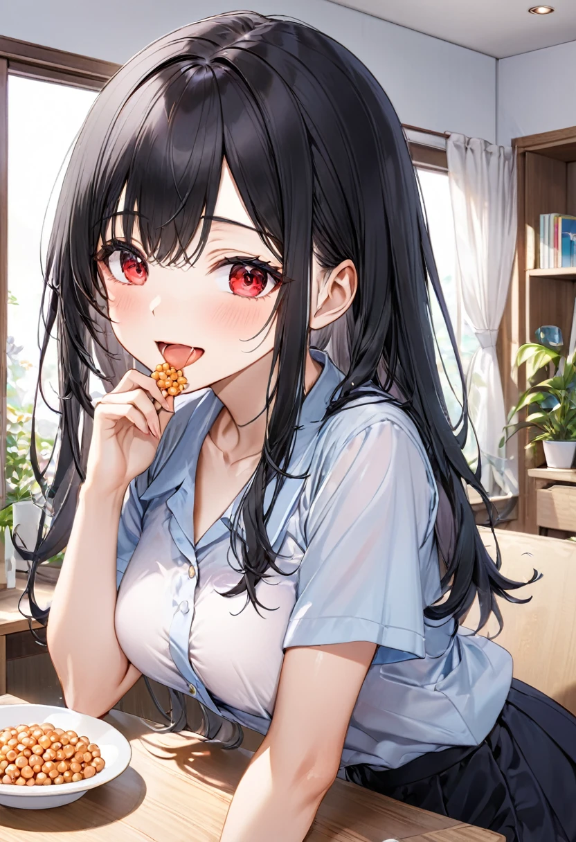 (eating style) (solo:2, 18 yo straight black hair long hair cool dominance girl, sexy red eyes, cute open mouth, use chopsticks, Eating natto in mouth, happy smile, big tits), (in a summer school blouse), break, in the livingroom, BREAK, perfect anatomy, masterpiece, best quality, 16k, beautiful detailed grow, daydreaming expression.