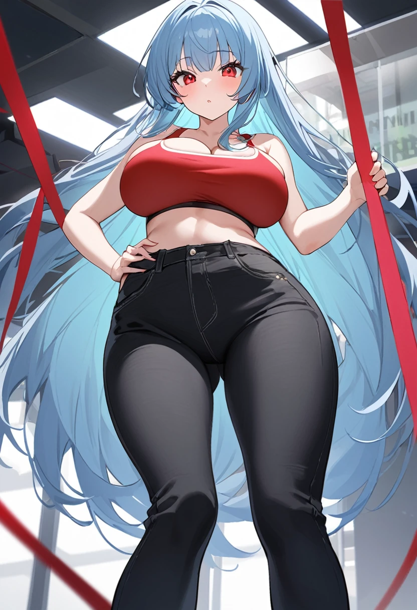My name is Yukiko.I am a white test woman with long light blue hair,red eye color.I am 1.62 cm tall . My breasts measure 200 cm, my waist 40 cm and my hips 200 cm. Dressed in black jeans long showing the string of the thong at my waist and a red sports bra . With big breasts 200 cm