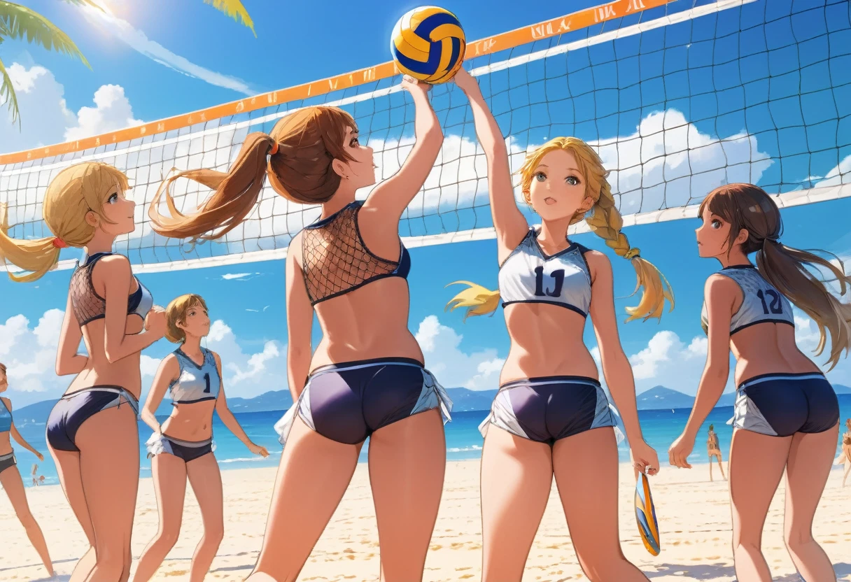 (masterpiece, best quality, intrincail details, vivid colors), A group of girls playing volleyball on the beach, volleyball net and mesh, 4girls, girls in bikini, very beautiful and detailed face, anime screencap, the background is a daytime beach