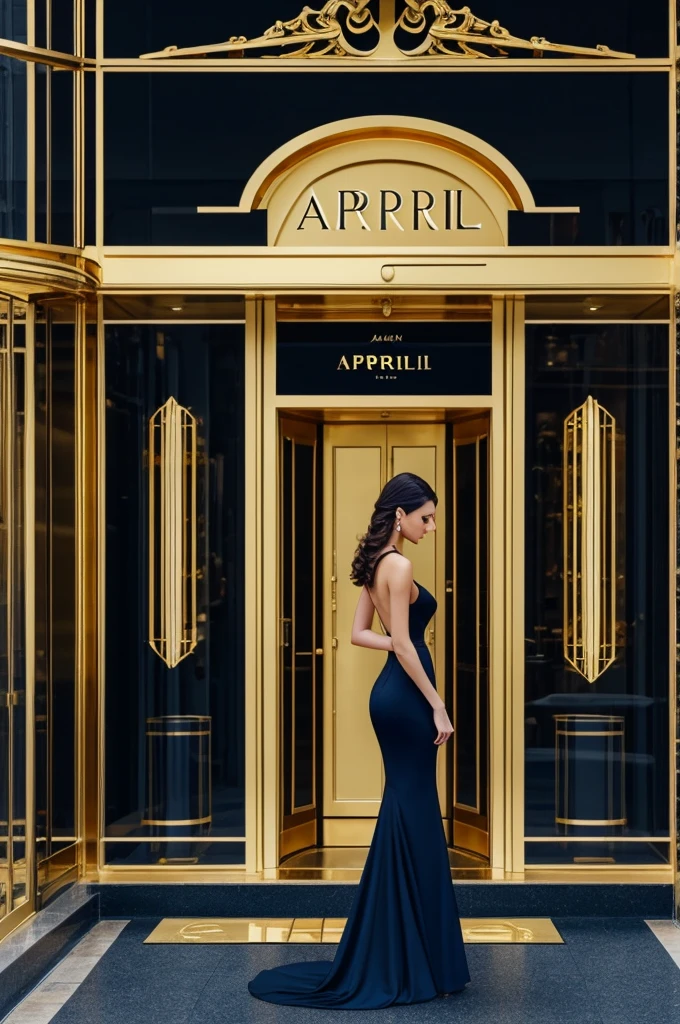 Create a logo for a clothing store with elegant gold-gold letters that say April Store with a silhouette of a slender woman giving that elegant and glamorous touch with dark blue tones to highlight the gold-gold
