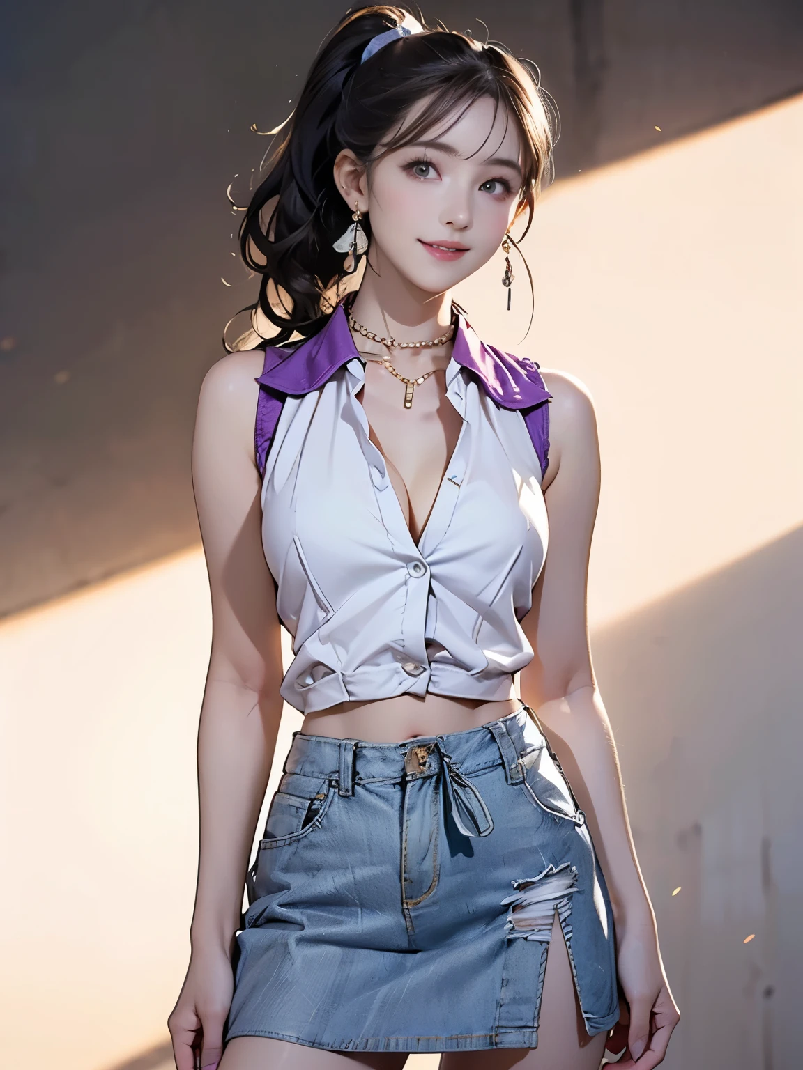((((Highest quality))))、(((Ultra-precision CG16K wallpaper)))、(((masterpiece)))、(((Super detailed)))、(((Extreme detail)))、((1Mature 29 year old woman:1.6))、((Very beautiful Japan face of a person))、((Urizane Face:1.8))、((Soft wavy ponytail medium hair:1.6))、(Shiny Hair)、A delicately drawn beautiful face、(Dark Eyes、Reflected light from the eye)、double eyelid、High nose、Small nostrils、Small Mouth、Seductive lips、Beautiful breasts、((C cup size breasts))、Cleavage、Small vertical belly button、Delicate nails、Beautiful feet、Thin thighs、eight-headed body、Perfect proportions、Perfect Anatomy、Perfect composition、Beautiful detailed shading、Beautiful, natural lighting、Beautiful detail glow、Depth of written boundary、(((High chroma)))、(((Real:1.9)))、((vivid:1.5))、((Beautiful Skin))、((Skin Texture))、((Realな皮膚感))、(((Cowboy Shot:1.6)))、(((front view、shoot from front、front low angle:1.6)))、(((smile:1.6)))、(((looking at camera:1.6)))、Bright daylight、Natural light、(((background_Park Square、Woodland:1.5)))、(Fashion model standing pose:1.6)、(((Sleeveless open-collar shirt&Light purple low rise slit mini skirt:1.6)))、((Scrunchie Ribbon、necklace、Wearing earrings:1.5))、