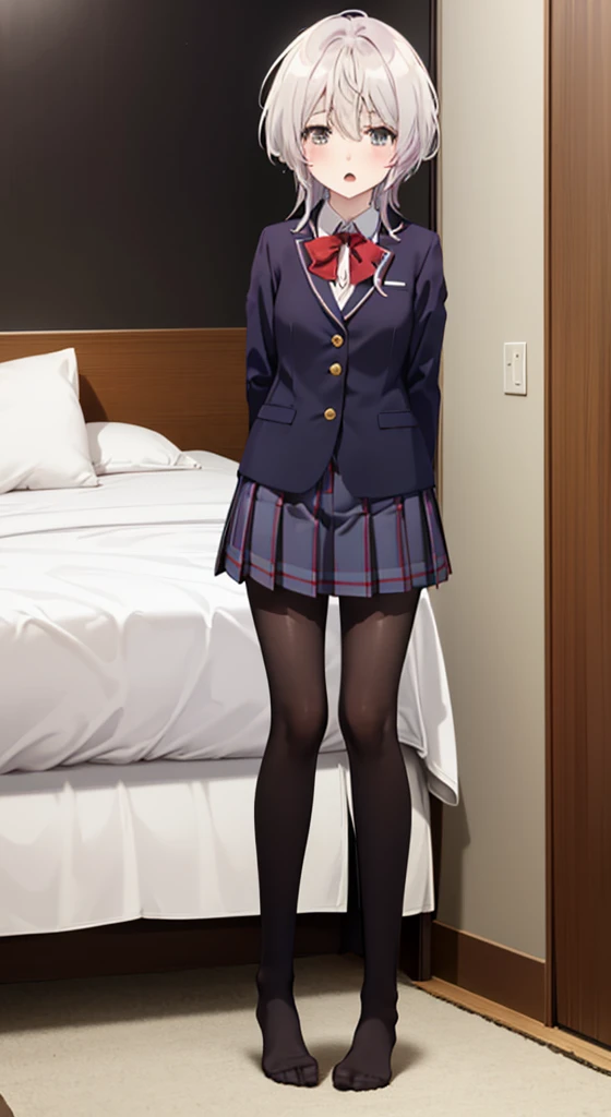 finest, masterpiece, High resolution, (Full body view from head to toe), Composition from the front and slightly below, symmetrical composition, Composition with accurate balance throughout the body、18 years old, slim and beautiful girl, alone, (small breasts), (((not wearing shoes))),messy hair, bangs, (black tights), (black pantyhose), (lying on the bed), (Stretched leg pose), (Open mouth with a pained expression), blush, shy big eyes, looking at camera, blazer uniform, plaid pleated skirt, bedroom, indoor, Fuka Kikuchi