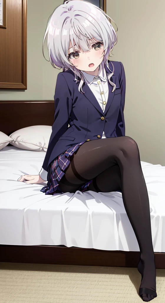 finest, masterpiece, High resolution, (Full body view from head to toe), Composition from the front and slightly below, symmetrical composition, Composition with accurate balance throughout the body、18 years old, slim and beautiful girl, alone, (small breasts), (((not wearing shoes))),messy hair, bangs, (black tights), (black pantyhose), (lying on the bed), (Stretched leg pose), (Open mouth with a pained expression), blush, shy big eyes, looking at camera, blazer uniform, plaid pleated skirt, bedroom, indoor, Fuka Kikuchi