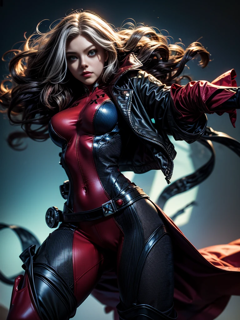 Amanda Seyfried、masterpiece、High quality 4K、villain (X-Men)、Gothic Girl、Sculpted Body Gothic Makeup、Black jacket、Red and blue bodysuit、masterpiece、Highest quality、Cowboy Shots、One personの女の子、One person、Technology Military Bodysuit、fringe