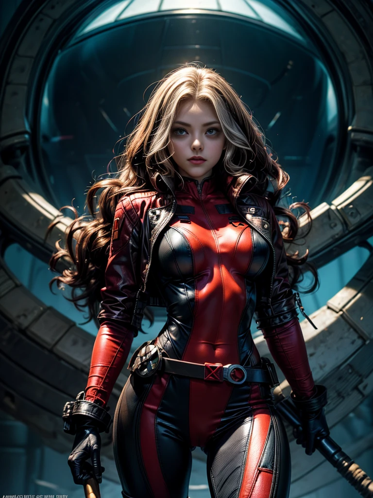 Amanda Seyfried、masterpiece、High quality 4K、villain (X-Men)、Gothic Girl、Sculpted Body Gothic Makeup、Black jacket、Red and blue bodysuit、masterpiece、Highest quality、Cowboy Shots、One personの女の子、One person、Technology Military Bodysuit、fringe