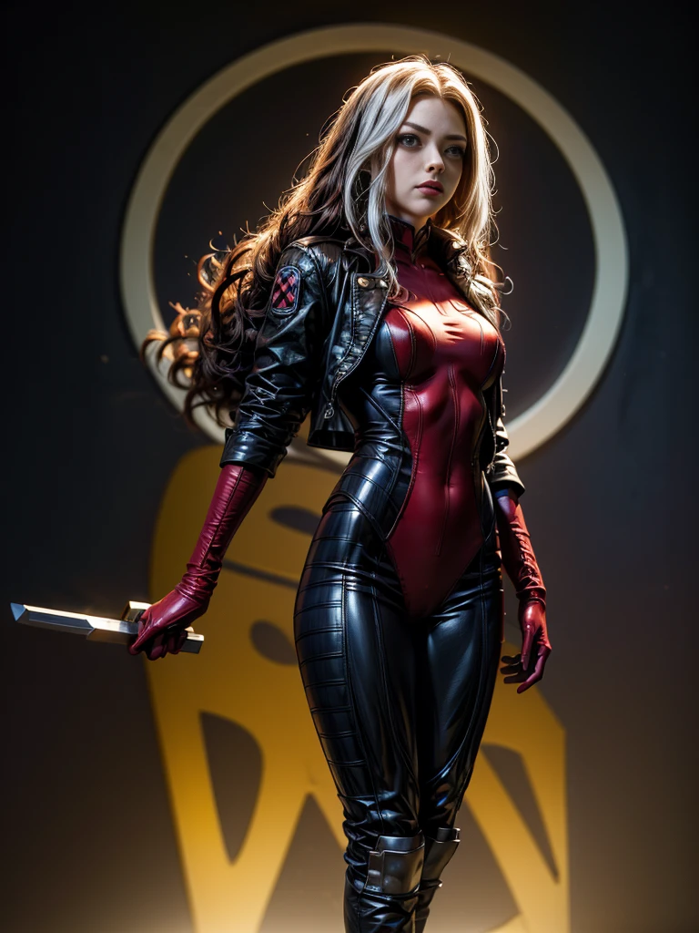 Amanda Seyfried、masterpiece、High quality 4K、villain (X-Men)、Gothic Girl、Sculpted Body Gothic Makeup、Black jacket、Red and blue bodysuit、masterpiece、Highest quality、Cowboy Shots、One personの女の子、One person、Technology Military Bodysuit、fringe