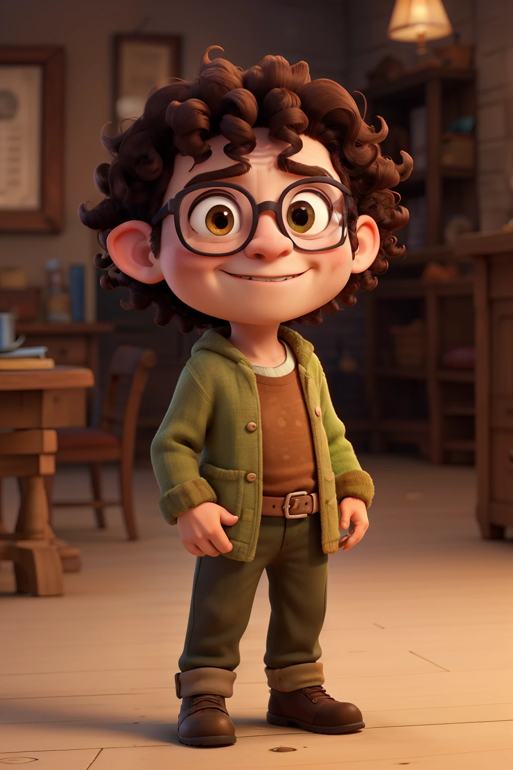 Goblin with curly hair and glasses and a little old