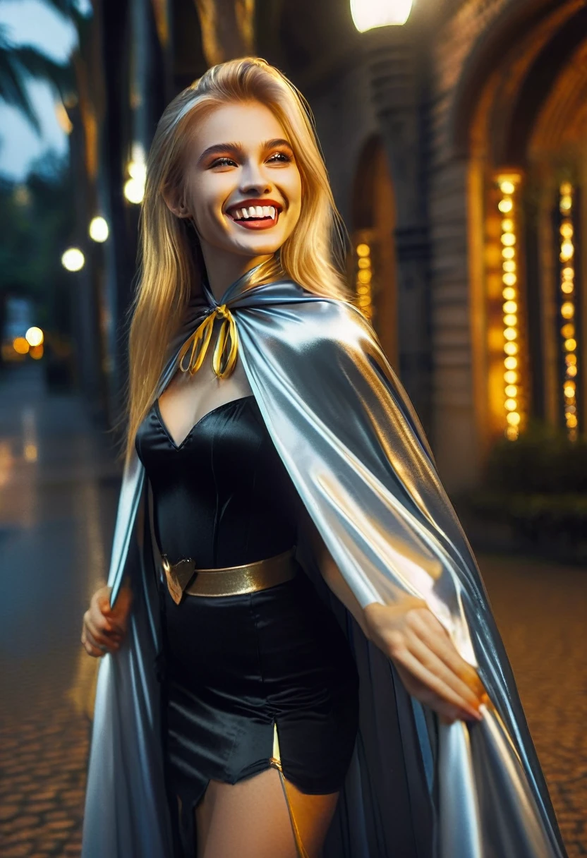 Vampyfangs1,(RAW photo) , 1girl, cute, 20 years old, long blonde hair in ponytail, smiling, look at viewer, ((((silver and gold lined satin cape tied at the neck)))+++, side spilt skirt , photo, realistic, best quality, hires, detailed face, detailed background, diffused lighting, depth of field, bokeh