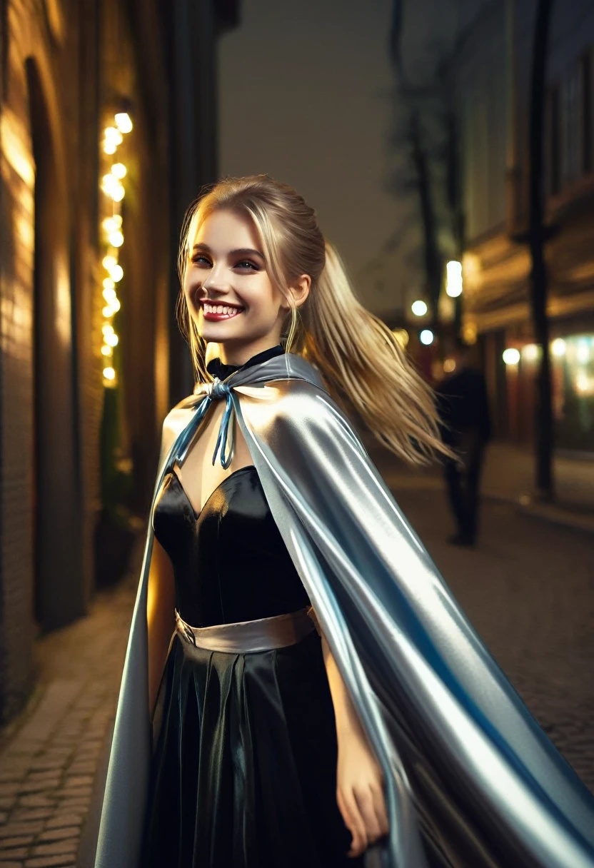 Vampyfangs1,(RAW photo) , 1girl, cute, 20 years old, long blonde hair in ponytail, smiling, look at viewer, ((((silver and gold lined satin cape tied at the neck)))+++, side spilt skirt , photo, realistic, best quality, hires, detailed face, detailed background, diffused lighting, depth of field, bokeh