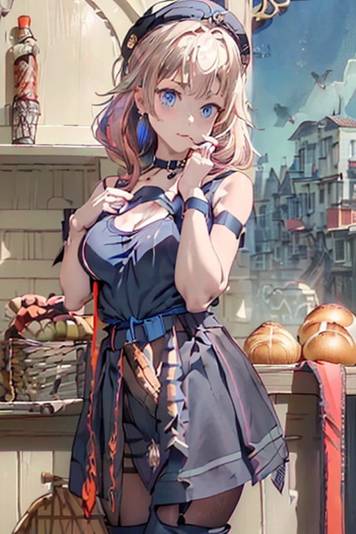 (perky chest:1.2), (pointed chest:1.2),(((Black Tunic:1.3))),(((cakes and bread in the basket),Cute and beautiful girl,masterpiece、highest quality、Very detailed、Beautiful fine details、One Girl、Detailed landscape、Training gym Room Background:1.4、Braided Ponytail、Red camisole、((B cup breasts, Tank top showing underboob:1.3)), black jacket, thigh strap, bangs, necktie, earrings, nail polish, fishnet pantyhose, multicolored hair, looking at viewer, full body, bottle, own hands together, belt, food, animal on head, black necktie, ring, choker, english text paper:1.2, collared shirt, blue eyes, platform boots, hat,lace-up boots ,
