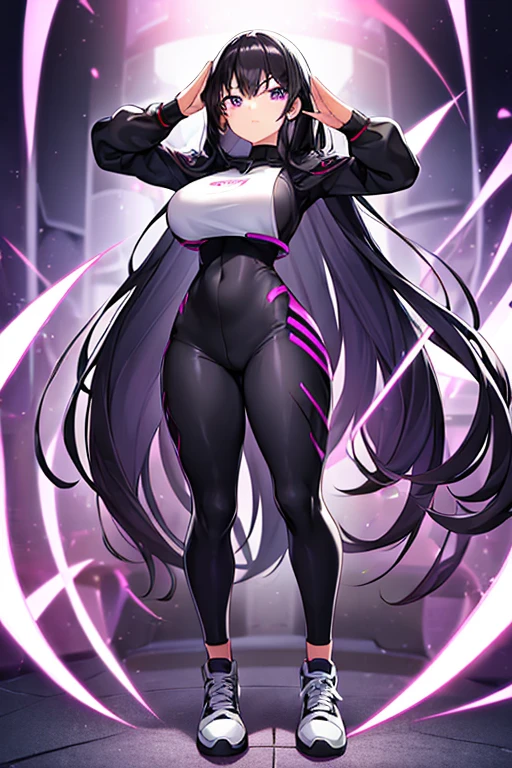 1girl, black hair, long hair, serious, salute, purple eyes, white bodysuit, bodysuit, large breasts, breasts, futuristic, tech, science-fiction, machinery, long sleeves, full body, ((full body)), standing, sneakers, ((standing))