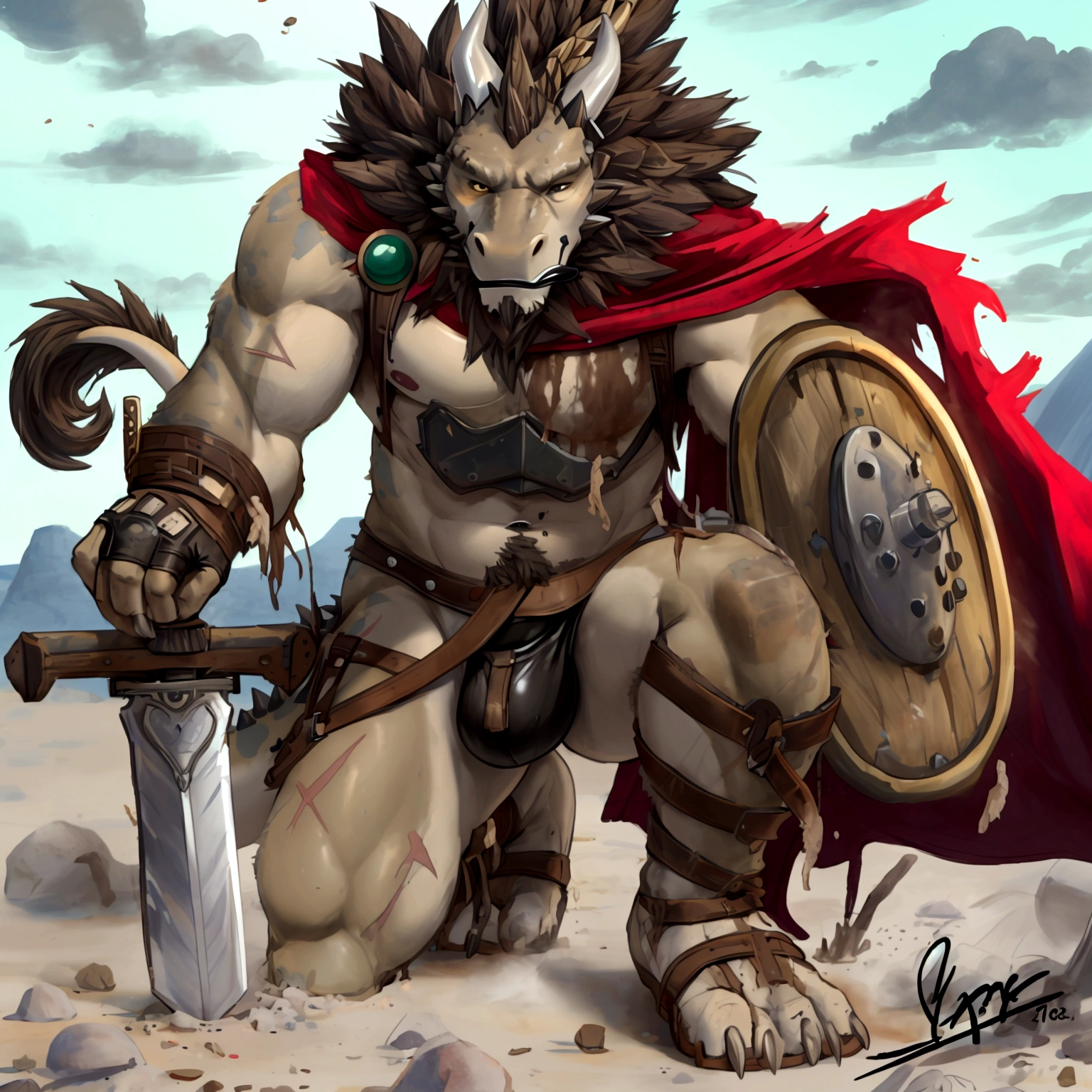 Solo Sexy young anthro scalie dragon male mercenary medieval solider, slim endomorph muscular, anthro handsome gay shorter muzzle, handsome gay model male apperance, sword scars, worn out leather skimpy armament, low on hips heavy leather belt, old very worn out skimpy dirty linen material jockstrap, old yellow dirty worn out stains on white sawn jockstrap, very visible "x" brown seam pattern on the jockstrap, studded skimpy armlets breastplate armor, skimpy breastplate, leather bondages, fingerless leather gloves, smelly unwashed husk, dirty body look, desert battlefield, standing in sexy fighting position, close view of full character