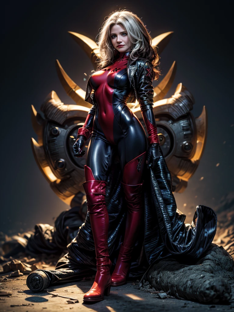 Cameron Diaz、masterpiece、High quality 4K、villain (X-Men)、Gothic Girl、Sculpted Body Gothic Makeup、Black jacket、Red and blue bodysuit、masterpiece、Highest quality、Cowboy Shots、One personの女の子、One person、Technology Military Bodysuit、fringe