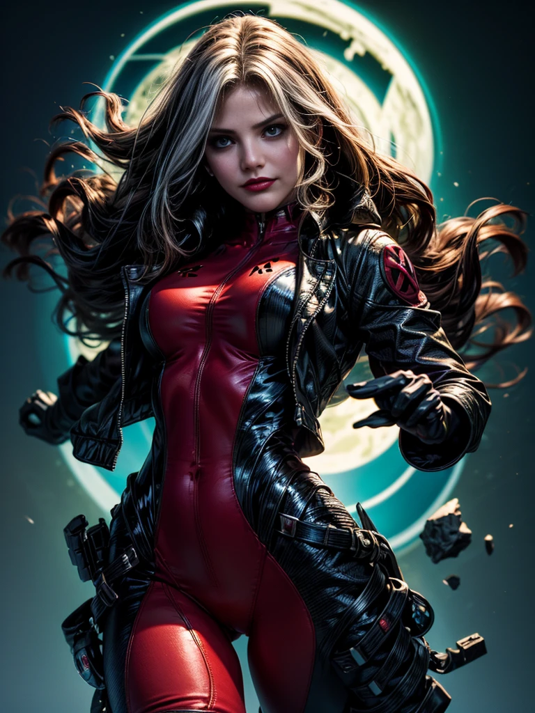 Cameron Diaz、masterpiece、High quality 4K、villain (X-Men)、Gothic Girl、Sculpted Body Gothic Makeup、Black jacket、Red and blue bodysuit、masterpiece、Highest quality、Cowboy Shots、One personの女の子、One person、Technology Military Bodysuit、fringe