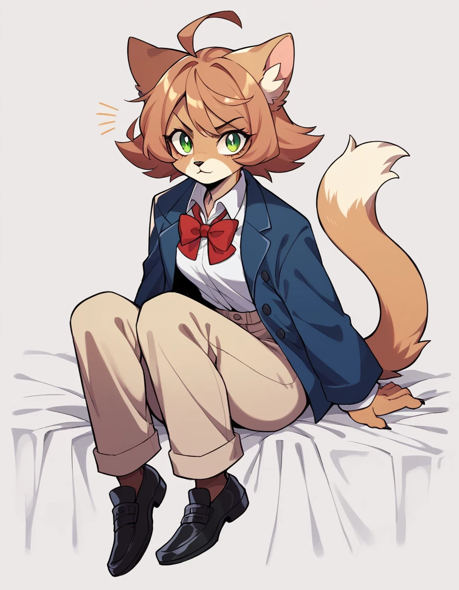 Anthro, Solo Female, Furry, Angora cat, White fur, Short blond hair strengthened and combed correctly, Green eyes, Rich, White shirt, Dark red and red striped bow tie, a pale blue sweater, a dark blue tuxedo jacket with a goldstripe on the collar, Light Brown trousers, black shoes