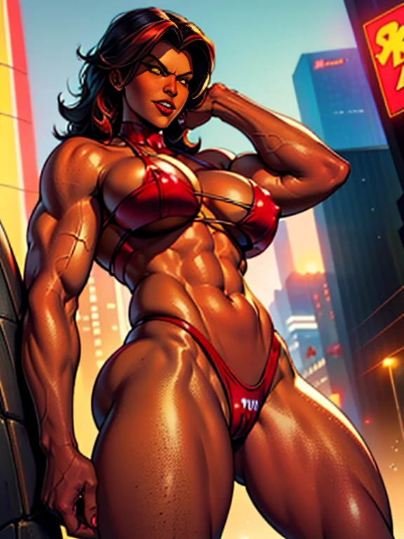 (high quality, best rendering), (beautiful girl), RedSheHulk, yellow eyes, red skin, cityscape, night, smug, (bombshell, pin-up style), psychopath, crazy face, sexy pose, 2 piece outfit, pastel, centered, scale to fit dimensions, micro thong, micro bikini, camel toe