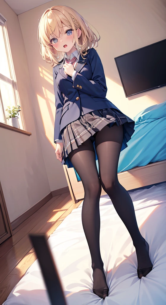 finest, masterpiece, High resolution, (Full body view from head to toe), Composition from the front and slightly below, symmetrical composition, Composition with accurate balance throughout the body、18 years old, slim and beautiful girl, alone, (small breasts), (((not wearing shoes))),messy hair, bangs, (black tights), (black pantyhose), (lying on the bed), (Stretched leg pose), (Open mouth with a pained expression), blush, shy big eyes, looking at camera, blazer uniform, plaid pleated skirt, bedroom, indoor, Fuka Kikuchi
