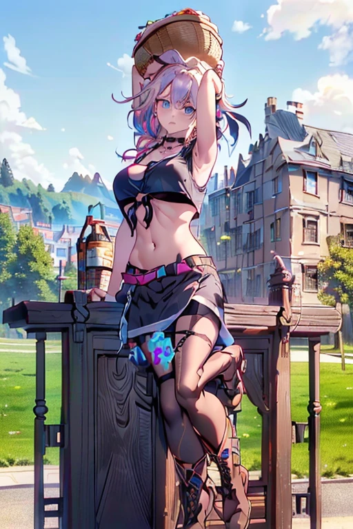 (perky chest:1.2), (pointed chest:1.2),(((Black Tunic:1.3))),(((cakes and bread in the basket),Cute and beautiful girl,masterpiece、highest quality、Very detailed、Beautiful fine details、One Girl、Detailed landscape、Training gym Room Background:1.4、Braided Ponytail、Red camisole、((B cup breasts, Tank top showing underboob:1.3)), black jacket, thigh strap, bangs, necktie, earrings, nail polish, fishnet pantyhose, multicolored hair, looking at viewer, full body, bottle, own hands together, belt, food, animal on head, black necktie, ring, choker, english text paper:1.2, collared shirt, blue eyes, platform boots, hat,lace-up boots ,
