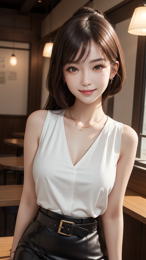 (precise face features), (Highly detailed face), (High density photo quality) , Japanese Beauty, expensive, Long legs, smile, Very short tight leather mini skirt with belt, Chest open、sleeveless white blouse, Bright coffee shop interior with elaborate lighting.