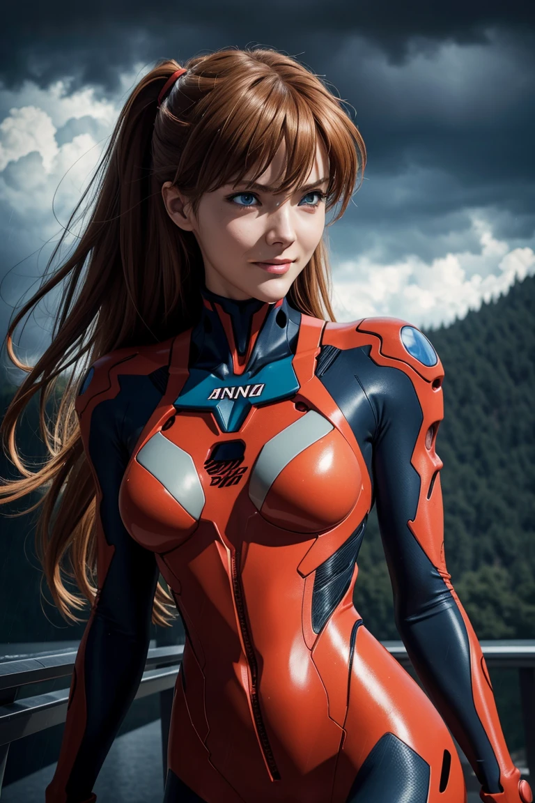 Evangelion,Asuka Langley,blue eyes,Plug Suit,Bodysuits,Interface Headset,赤いBodysuits,Ultra HD,super high quality,masterpiece,Digital SLR,Photorealistic,Detailed details,Vivid details,Depicted in detail,A detailed face,Detailed details,Super Detail,Realistic skin texture,Anatomical basis,Perfect Anatomy,Anatomically correct hand,Anatomically correct fingers,Complex 3D rendering,Sexy pose,Rainy Sky,Beautiful scenery,Fantastic rainy sky,Picturesque,Pink Lips,smile,