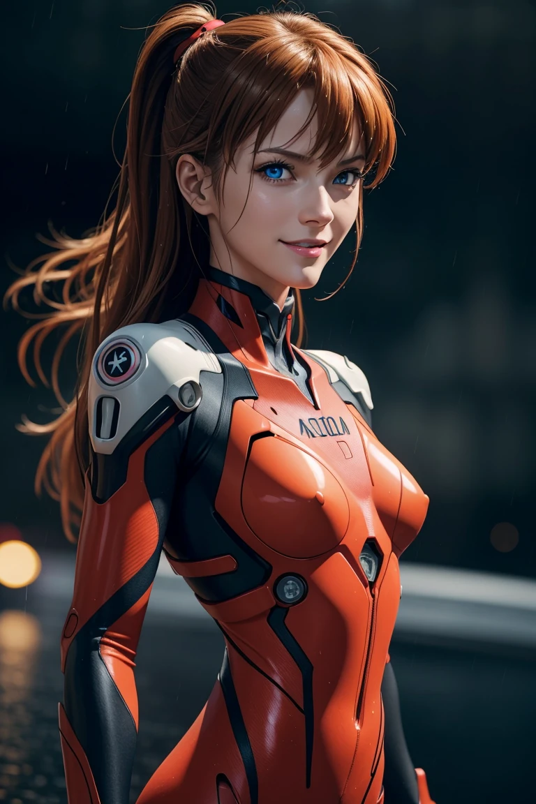 Evangelion,Asuka Langley,blue eyes,Plug Suit,Bodysuits,Interface Headset,赤いBodysuits,Ultra HD,super high quality,masterpiece,Digital SLR,Photorealistic,Detailed details,Vivid details,Depicted in detail,A detailed face,Detailed details,Super Detail,Realistic skin texture,Anatomical basis,Perfect Anatomy,Anatomically correct hand,Anatomically correct fingers,Complex 3D rendering,Sexy pose,Rainy Sky,Beautiful scenery,Fantastic rainy sky,Picturesque,Pink Lips,smile,