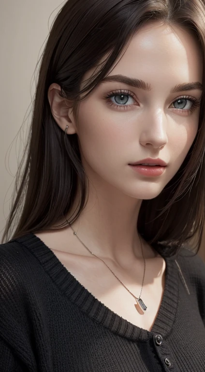 (Masterpiece, Best Quality, photorealist, high resolution, Photography, :1.3), Photography de cerca, sharp focus, 1 white girl, European girl, hot model, diaphragm, Highly detailed eyes and pupils, realist skin, Slim body shape, big chest, perfect body, neckline, extremely detailed brown hair, Delicate and sexy face, sharp nose, bright red lips, ((wearing a black short sweater, Use of pendant)), exterior, ((realist, super realist, realism, realist detail))