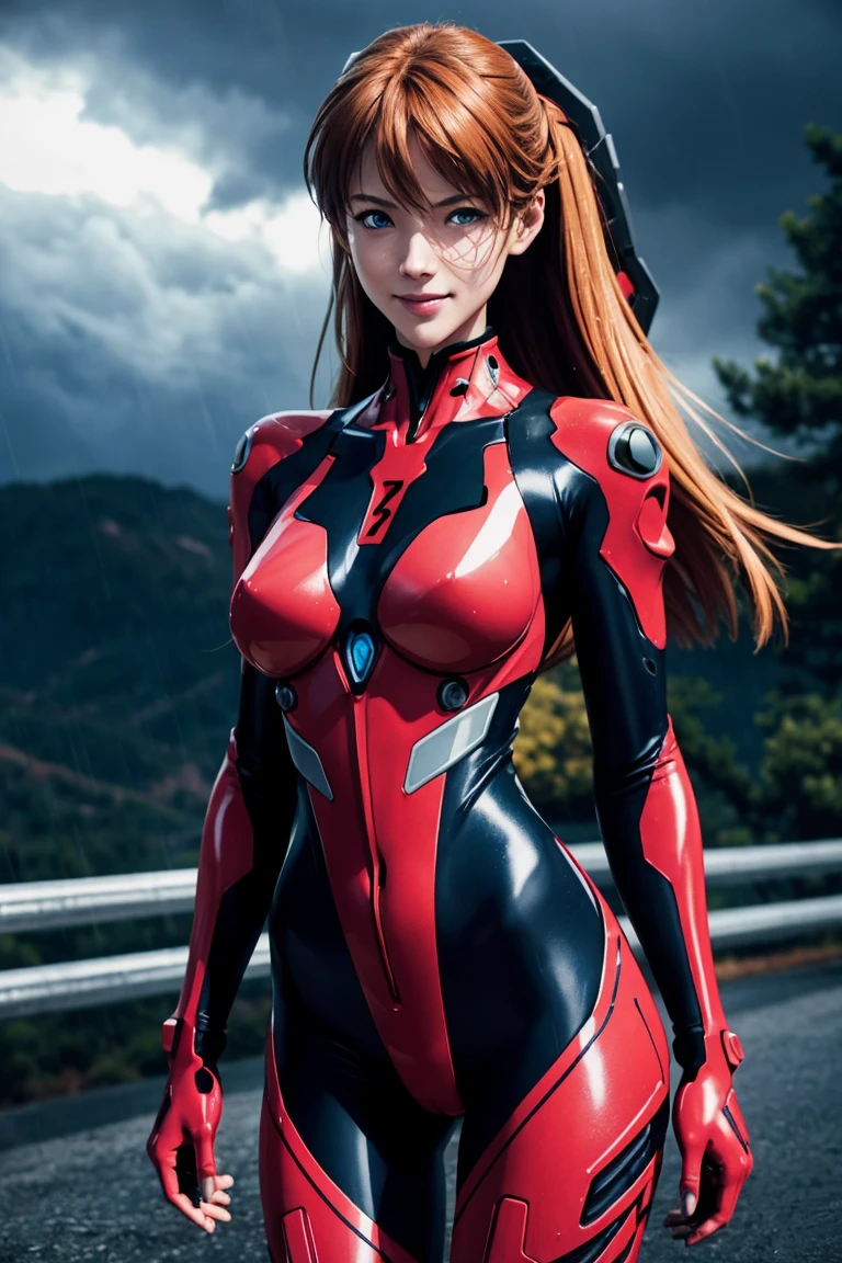 Evangelion,Asuka Langley,blue eyes,Plug Suit,Bodysuits,Interface Headset,赤いBodysuits,Ultra HD,super high quality,masterpiece,Digital SLR,Photorealistic,Detailed details,Vivid details,Depicted in detail,A detailed face,Detailed details,Super Detail,Realistic skin texture,Anatomical basis,Perfect Anatomy,Anatomically correct hand,Anatomically correct fingers,Complex 3D rendering,Sexy pose,Rainy Sky,Beautiful scenery,Fantastic rainy sky,Picturesque,Pink Lips,smile,