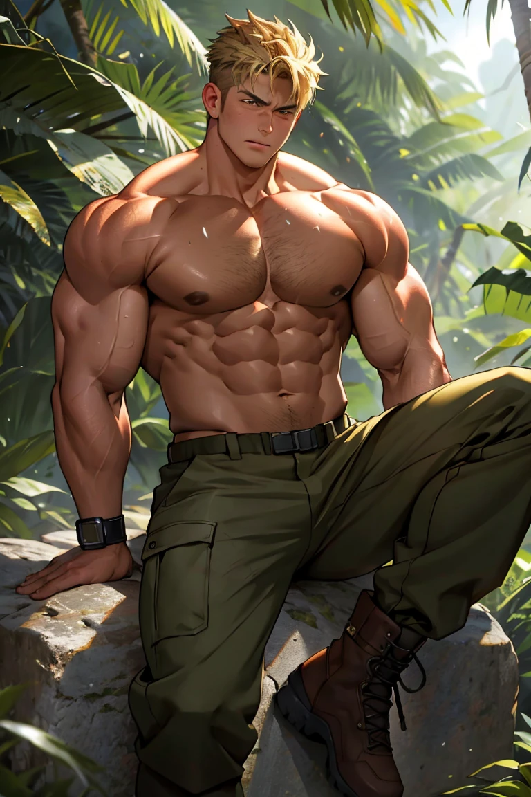 (masterpiece, Best quality 12 year old boy), 1 boy, adult, huge muscles, big body, Slightly modify the abdominal contour, Short blonde hair,brown eyes, complicated, Rainforest, Muscles sparkle in the sun,shirtless,Wearing khaki adventure pants,outdoor adventure boots,pained expression,bite lip, bright colors,(depth of field:1.2),looking at the audience, sit on stone, huge hyper muscle, groping chest